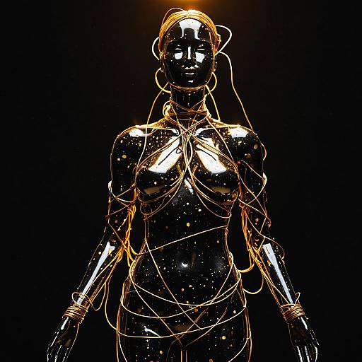 Amber-Lit Metallic Mannequin with Hovering Wires