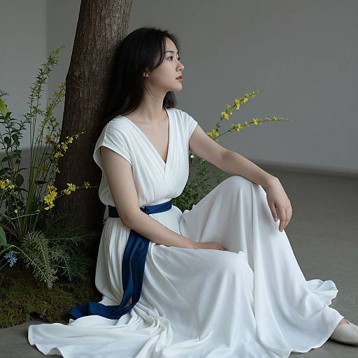 Photograph of an Asian woman with long black hair, wearing a white dress with navy blue sash, sitting by a tree, surrounded by yellow flowers
