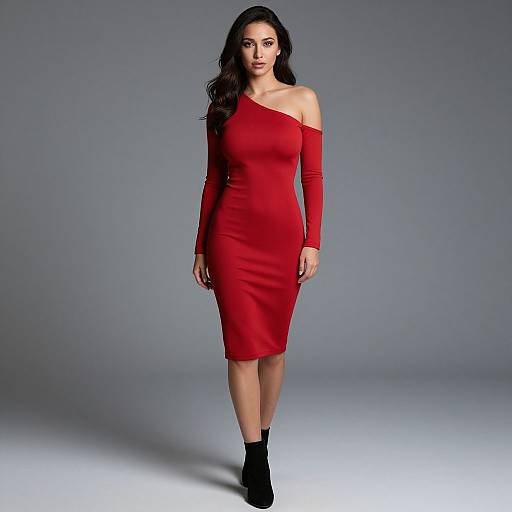 Photograph of a woman with long black hair wearing a fitted, off-shoulder, long-sleeve red dress and black ankle boots, standing