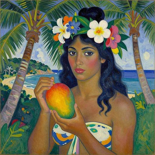 Vibrant digital painting of a Latina woman with dark hair, flower crown, and colorful strapless top, holding a mango, standing under palm trees