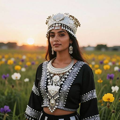 Photograph of a woman with dark hair, wearing silver-embellished black traditional outfit and crown, standing in a colorful meadow at sunset.