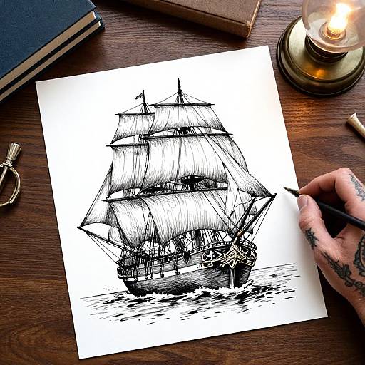Pen and Ink Sailing Ship Scene
