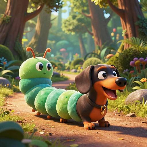 Dachshund Caterpillar Hybrid in Magical Forest