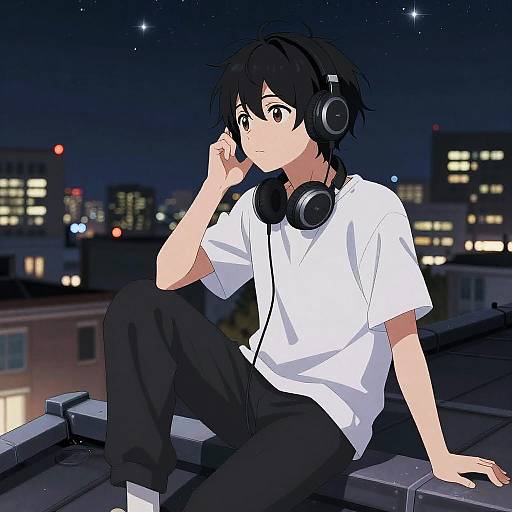 Anime Boy on Rooftop at Night