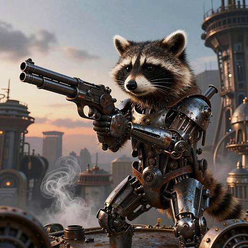 Digital artwork of a robotic raccoon wielding dual pistols, set against a futuristic, steampunk cityscape at sunset. Smoke trails from the guns.