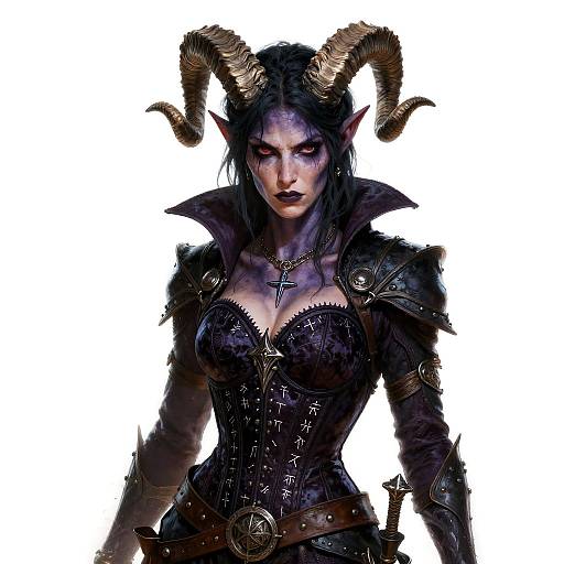Digital painting of a dark, demonic woman with black hair, ram horns, purple skin, wearing a corseted leather armor with spiked details, and