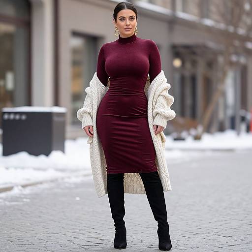 Photograph of a confident woman with dark hair in a burgundy, long-sleeve, high-neck dress, black boots, and white knitted