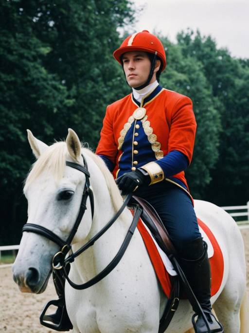 Man in Historical Rider Costume on White Horse