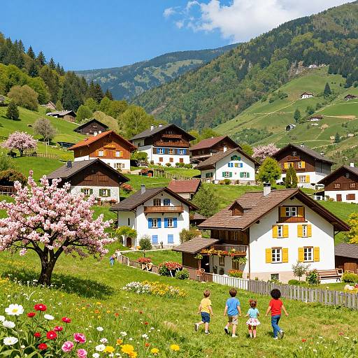 Cheerful Springtime Mountain Village Scene