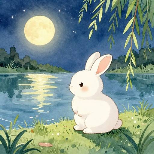 Watercolor illustration of a white rabbit sitting on grass by a moonlit lake, surrounded by green foliage and a starry night sky.