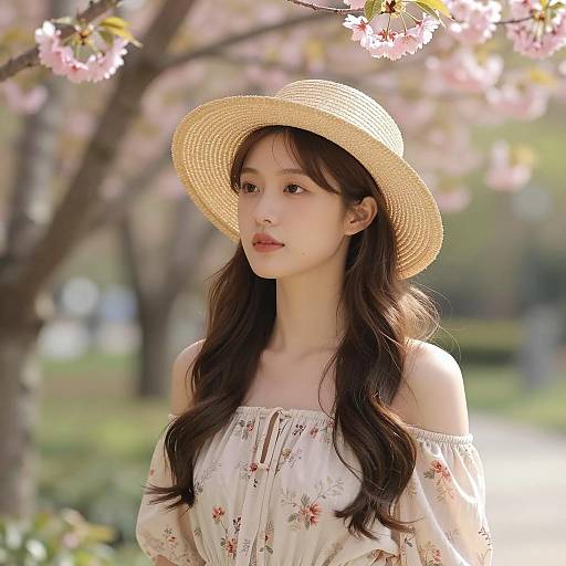 Young woman in straw hat with cherry blossoms