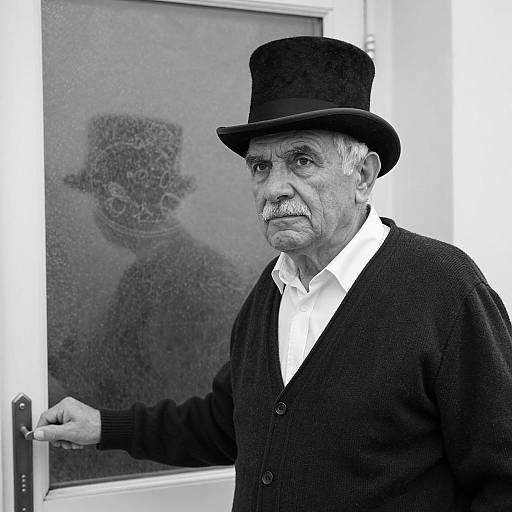 Elderly Man in Top Hat by Frosted Glass Door