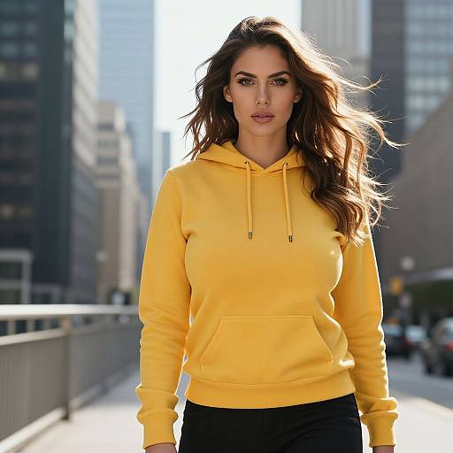 Photograph of a confident woman with long brown hair, wearing a bright yellow hoodie and black pants, standing on a sunlit urban bridge with tall buildings