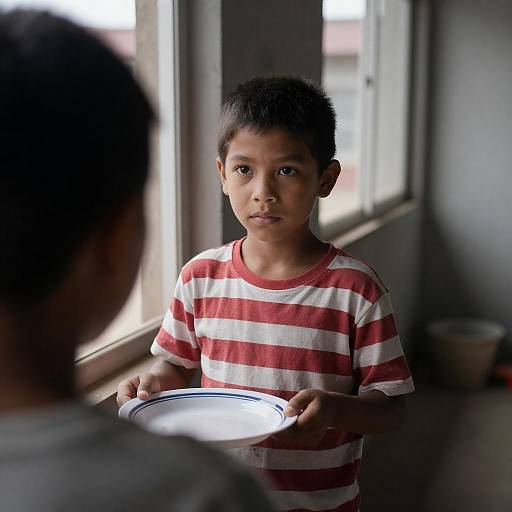 Serious boy with plate by window