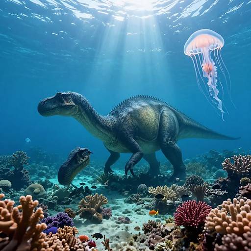 Photograph of a blue-gray dinosaur-like creature swimming over a vibrant underwater coral reef with a glowing jellyfish above. Sunlight filters through the water.