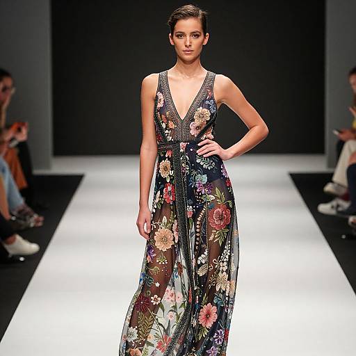 Photograph of a confident female model on a runway, wearing a deep V-neck, sheer floral dress with colorful flowers, dark background, white runway,
