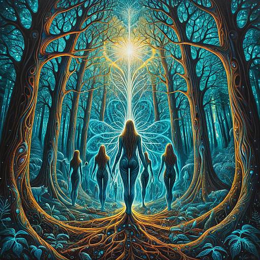 Long-Exposure Silver-Turquoise Psychedelic Forest Gathering