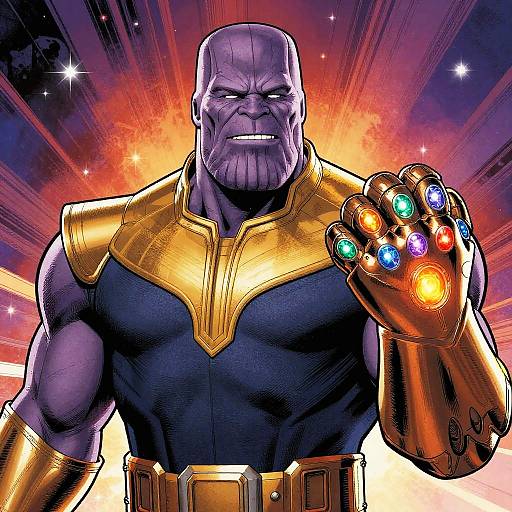 Colorful comic-style drawing of a muscular, bald, purple-skinned superhero with a golden chest plate and glove, showcasing glowing, multicolored gems