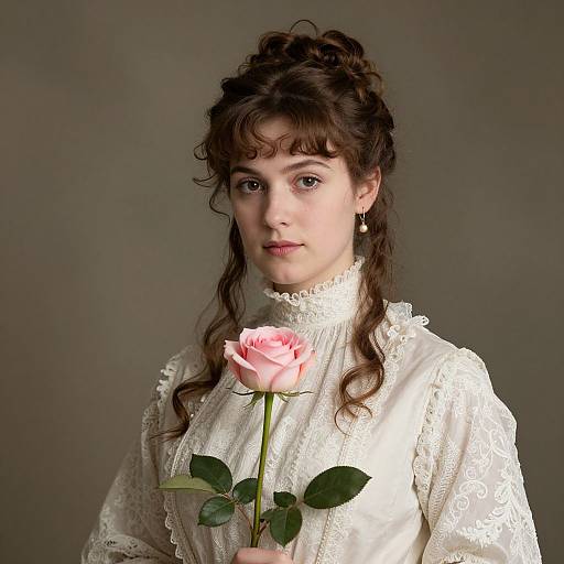 Photograph of a young woman with fair skin, brown wavy hair, and delicate features, wearing a white lace dress, holding a pink rose against