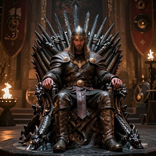 Photograph of a bearded man in dark, spiked armor throne, with a sword-adorned helmet, sitting in a dimly lit, medieval