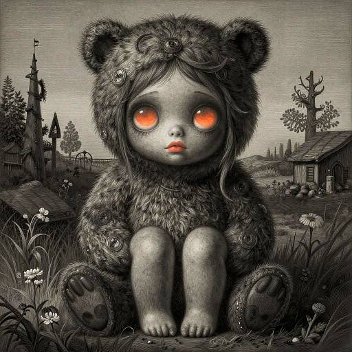 Digital artwork of a creepy, gray, teddy bear doll with glowing red eyes, sitting in a dark, eerie, black-and-white countryside.