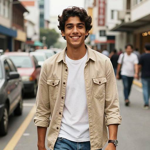Photograph of a smiling young man with curly dark hair, wearing a beige jacket over a white t-shirt, standing on a busy urban street. Bl