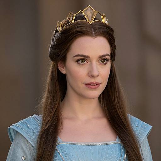 Photograph of a fair-skinned young woman with long brown hair, wearing a gold geometric tiara and light blue medieval-style dress.