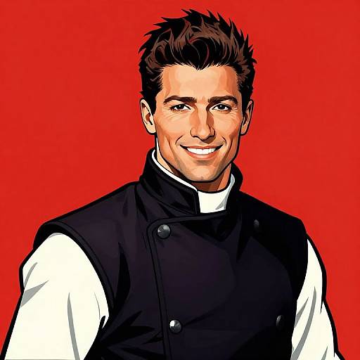Digital illustration of a smiling man with dark hair, wearing a black vest over a white shirt, against a vibrant red background.