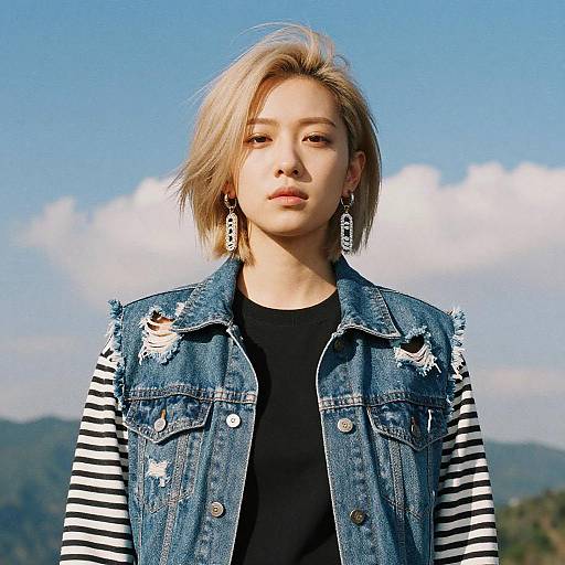 Young Woman in Torn Denim Vest Outdoors