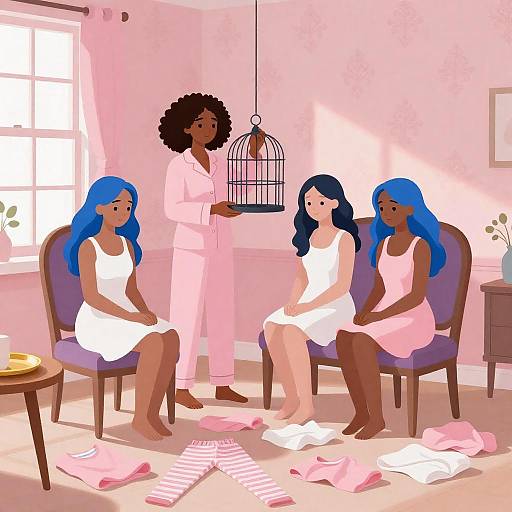 Women in Pink Room with Clothes and Birdcage