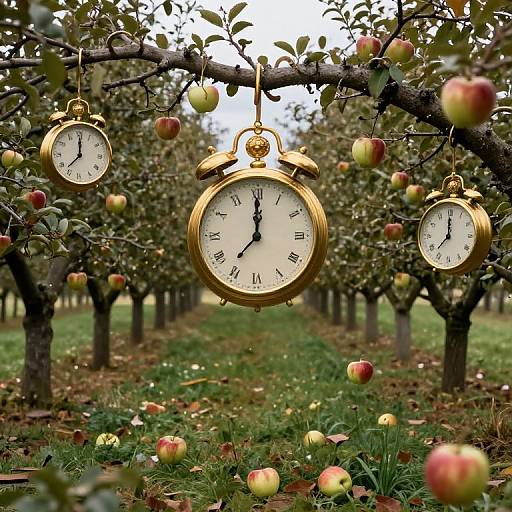 Photograph of a lush apple orchard with golden vintage pocket watches hanging from apple-laden branches, amidst scattered apples on green grass.