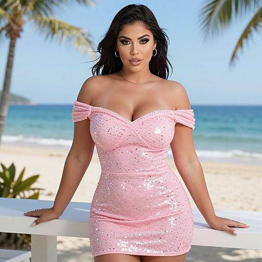 Photograph of a curvy woman with dark hair, wearing a sparkly pink off-shoulder dress, standing on a sunny beach with palm trees