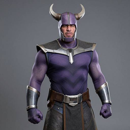 Photograph of a muscular man in a purple, horned helmet, and armor with silver accents, standing against a grey background.