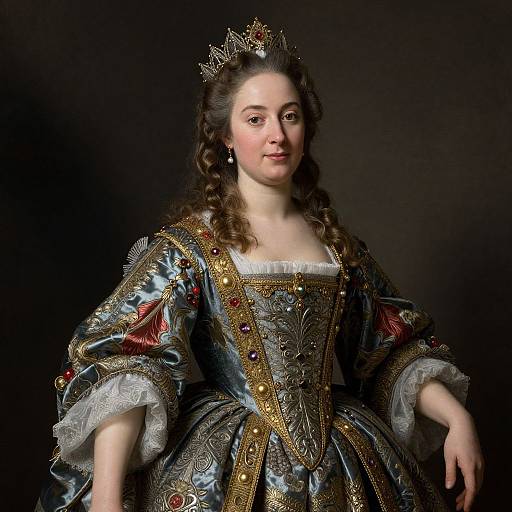 Photograph of a regal, fair-skinned woman with curly brown hair, wearing an ornate, gold-embroidered blue gown, jew