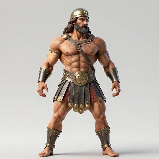 CGI image of muscular, bearded man with dark skin, wearing ancient Roman-style armor, including helmet, chest strap, arm bands, and skirt