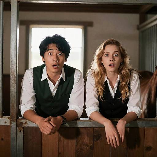 Surprised Man and Woman in Wooden Stable