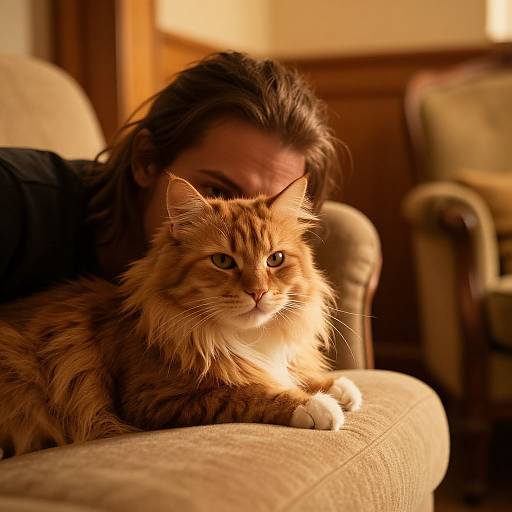 Man with Long Hair and Tortoiseshell Cat