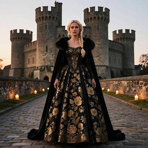 Medieval Woman at Sunset Castle