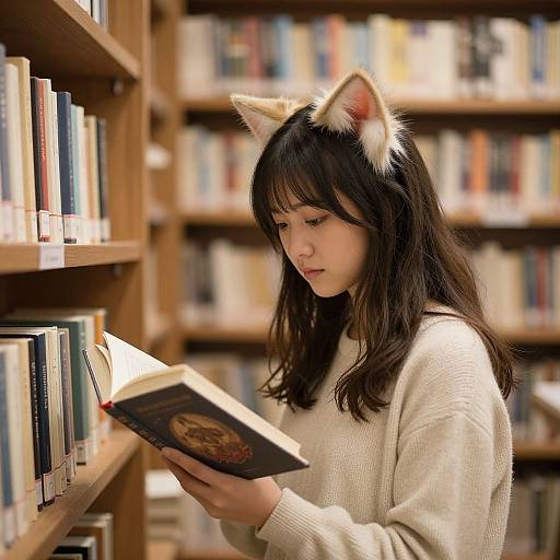 Photograph of a young Asian woman with cat ears, black hair, and white sweater, reading a book in a library.
