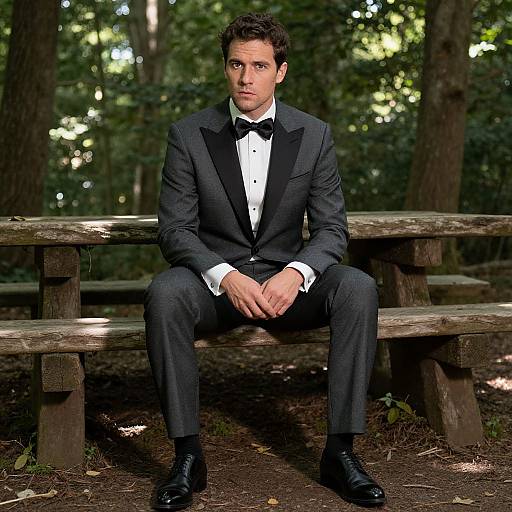Photograph of a handsome man with short dark hair, wearing a black tuxedo, white shirt, black bow tie, and black shoes, sitting
