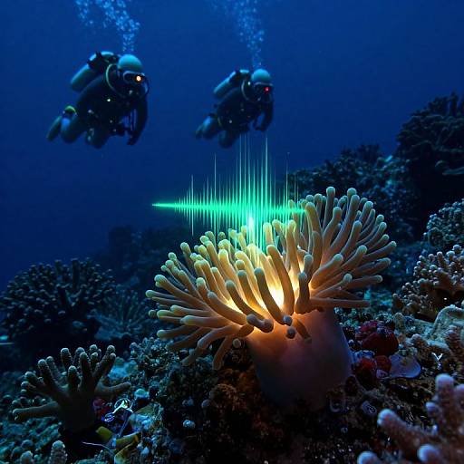 Photograph of two scuba divers in blue ocean, exploring vibrant coral reef with glowing, yellow-orange sea anemone and blue bioluminescence