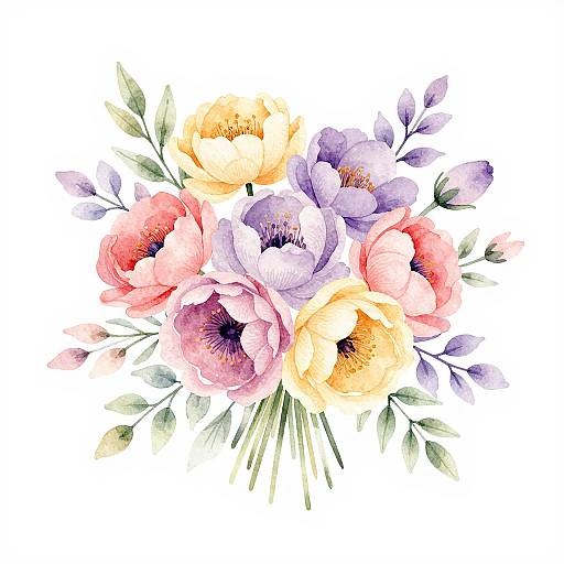 Watercolor floral bouquet with pink, yellow, and purple anemones, accented by light green leaves, on a white background.