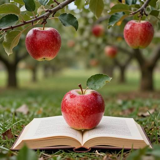 Photograph of a red apple with water droplets resting on an open book in a grassy orchard, with blurred apple trees in the background.