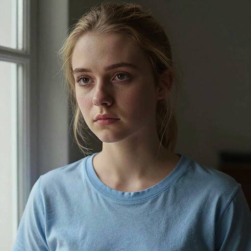 Photograph of a young, blonde woman with fair skin, wearing a light blue sweatshirt, standing in a dimly lit room, looking serious,