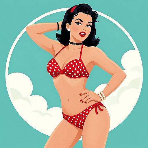 Digital illustration of a curvy, fair-skinned woman with black hair in a red polka dot bikini, posing confidently against a turquoise background with white