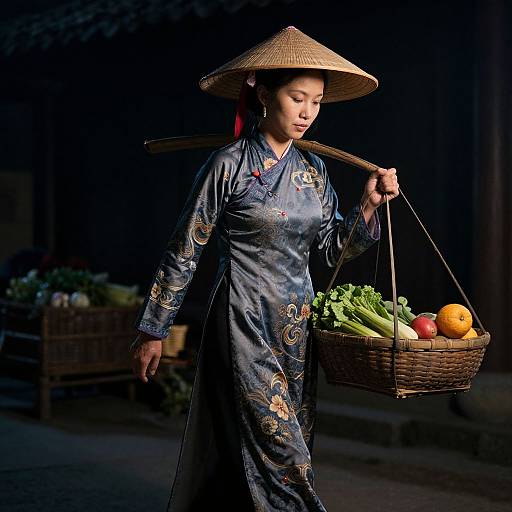 Photograph of an Asian woman in a blue silk cheongsam with floral embroidery, wearing a conical hat, carrying a wicker basket of fresh