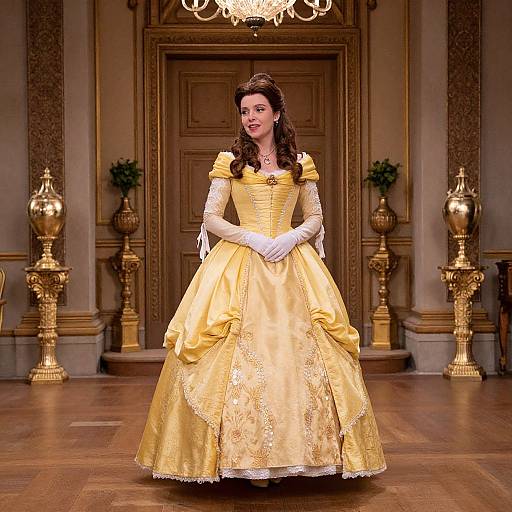 Photograph of a fair-skinned woman with long brown hair in a yellow, lace-embellished ball gown with white gloves, standing in an