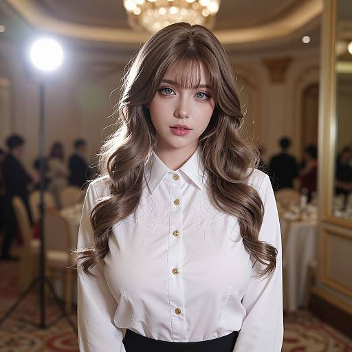 Photograph of a young woman with long, wavy brown hair, blue eyes, and fair skin, wearing a white button-up shirt, standing in
