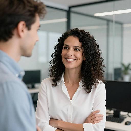 Smiling Woman in Modern Glass Office
