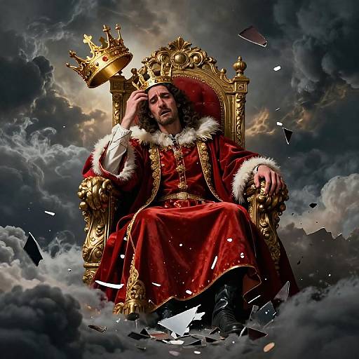 Digital illustration of a bearded king with long hair, wearing a red velvet robe with white fur trim, seated on a golden throne, holding a crown